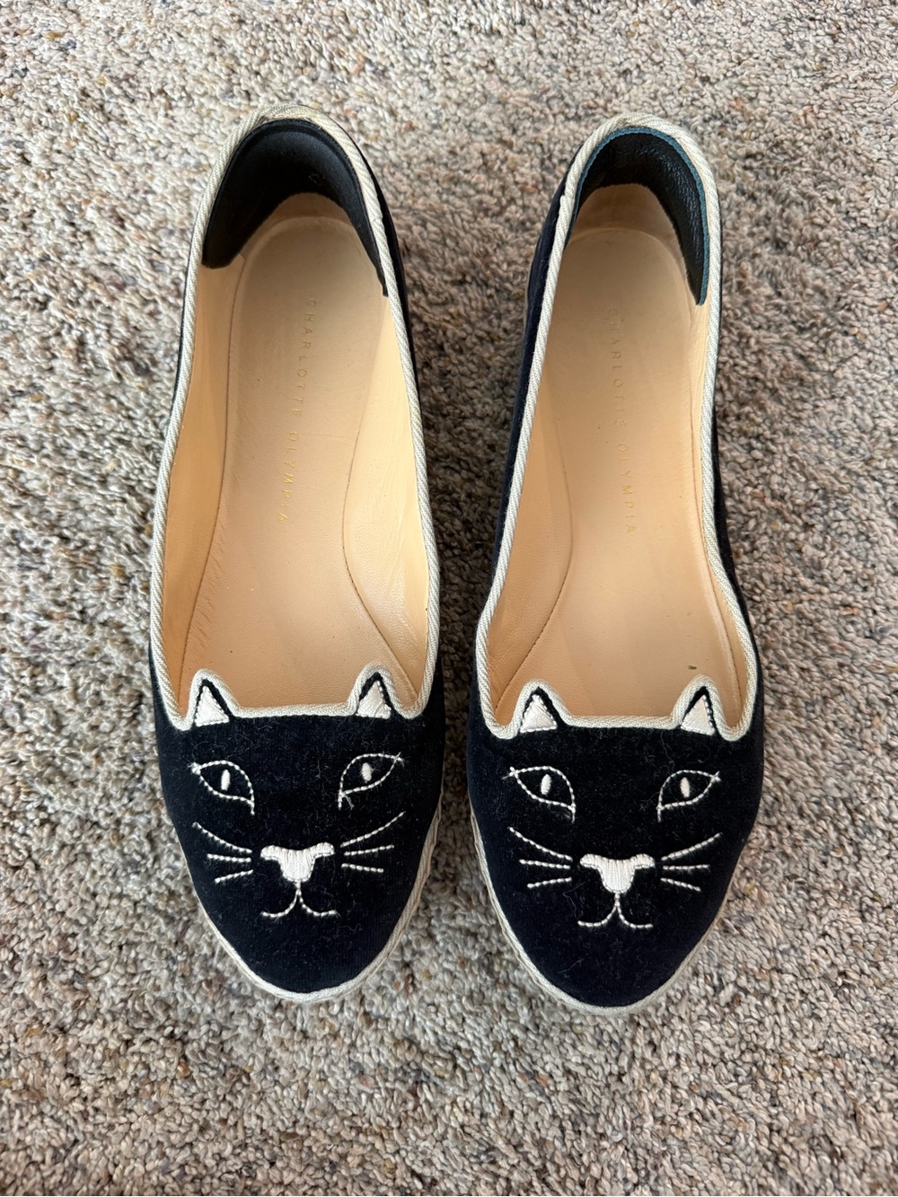 Charlotte Olympia Black Cat-Embroidered Women's Slip-On Flats - Velvet